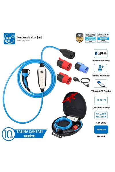 NRGkick Çantalı Premium Set  32A 16A 2.8kW & 22kW 10 Metre Wifi Bluetooth Mobil Elektrikli AC Taşınabilir Arac Şarj İstasyonu Wallbox