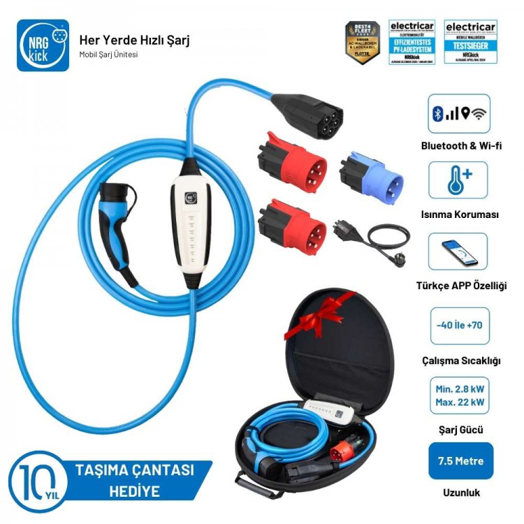 NRGkick Çantalı Premium Set 16A 32A 2.8kW & 22KW 7.5 Metre Wifi Bluetooth Mobil Elektrikli AC Taşınabilir Arac Şarj İstasyonu Wallbox