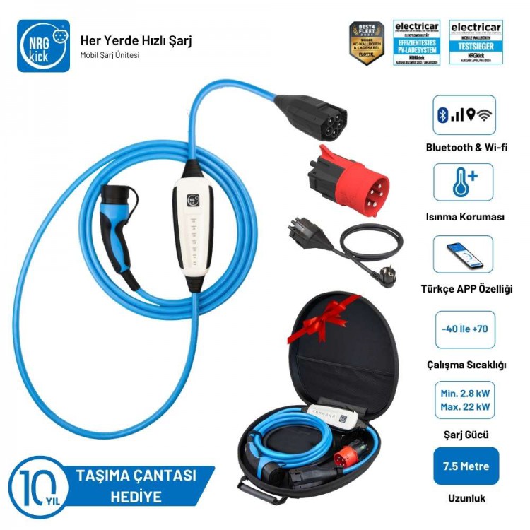 NRGkick Çantalı Standart Plus 32A 2.8kW & 22kW 7.5 Metre Wifi Bluetooth Mobil Elektrikli Taşınabilir Araç Şarj İstasyonu Wallbox