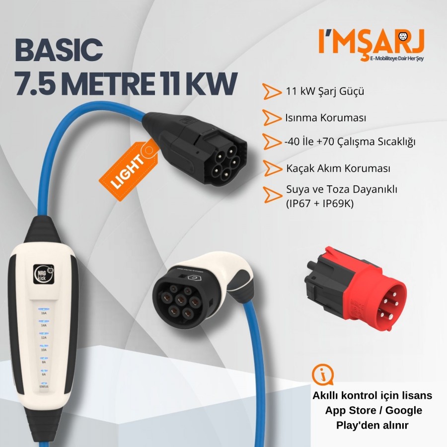 NRGkick 11kW 16A Taşınabilir Şarj İstasyonu (Basic Light Set 7.5m Monofaze Trifaze AC Mobil Wallbox Opsiyonel WiFi+Bluetooth)