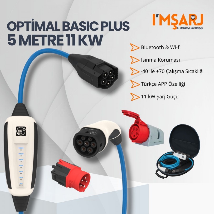 NRGkick 11kW 16A Optimal Basic Plus 5m Taşınabilir Elektrikli Araç Şarj Cihazı Seti (WiFi/Bluetooth / 5x16A Eğik Duvar Prizli)
