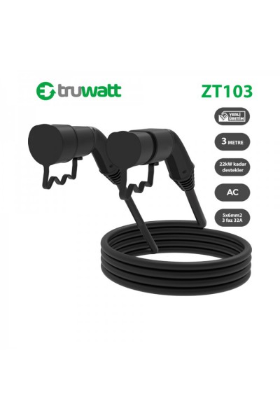 Truwatt ZT103 Elektrikli Şarj kablosu Type-2 32A/22kW/380V (3 metre)