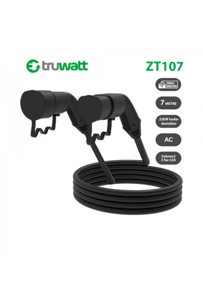 Truwatt ZT107 Elektrikli Şarj kablosu Type-2 32A/22kW/380V (7 metre)